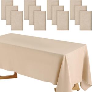 Preboun 12 Pack Wedding Rectangle Linen Tablecloth Bulk 60 x 102 Inch Polyester Faux Linen Tablecloths Washable Burlap Tablecloth for Birthday Farmhouse Dining Table Party (Natural Color)