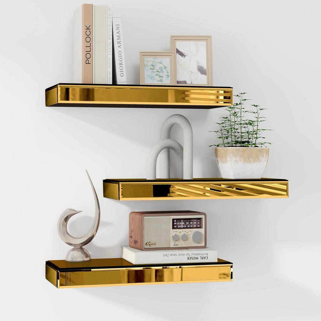 SHYFOY Floating Shelves for Wall, Glass Finish Shelves Set of 3, Display Shelf for Wall Decor, with Invisible Brackets for Bathroom, Living Room, Bedroom and Kitchen, Brass