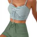 Herseas High Waisted Bikini Sets for Women Floral Print Two Piece Tummy Control Swimsuits Drawstring Short Bathing Suit (Medium, Green Stripe)