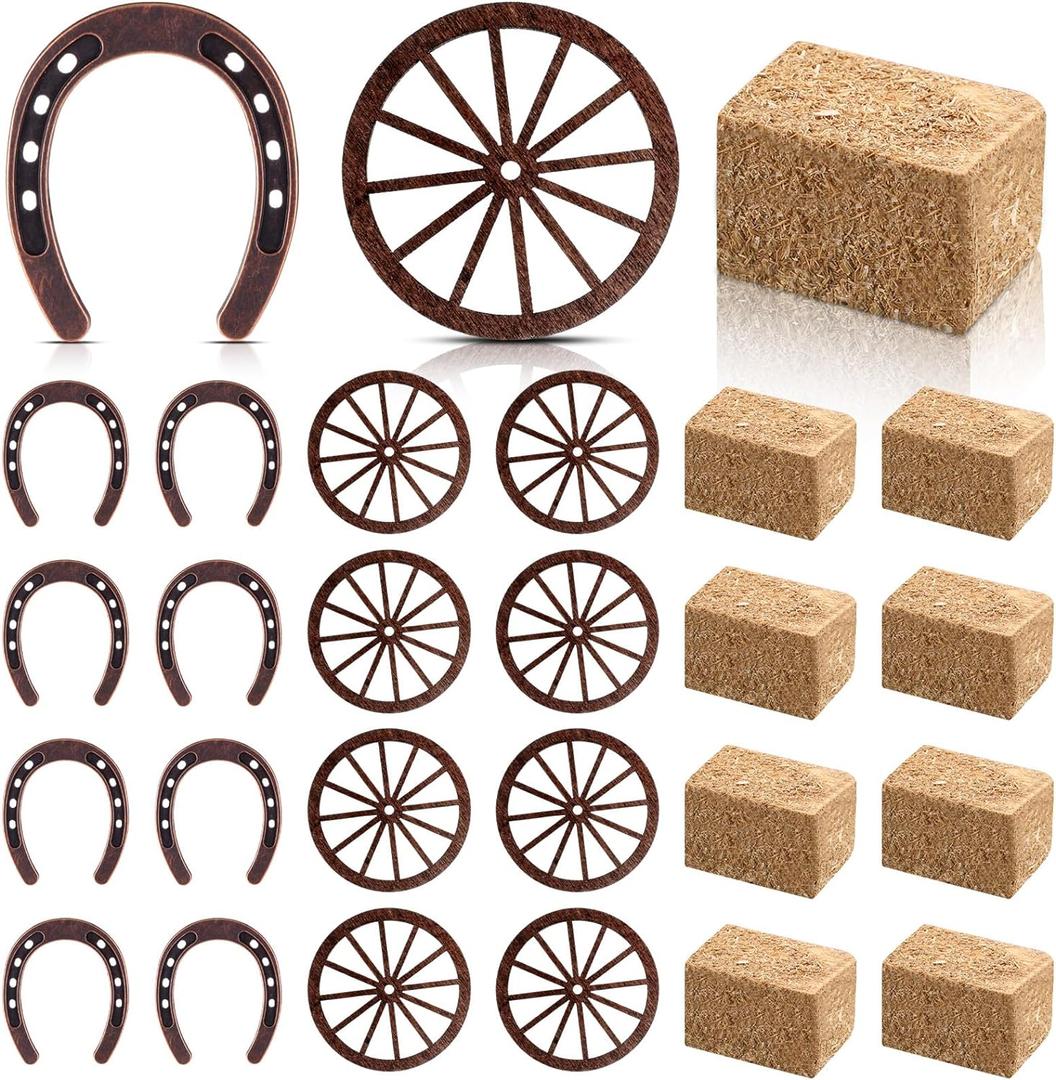 Junkin Western Party Supplies Horseshoe Decor Wagon Wheel Crafts Mini Hay Bales Vintage Table Centerpieces for Lucky Horseshoe Wedding Party Favors Cowboy Birthday Decorations (24 Pieces)