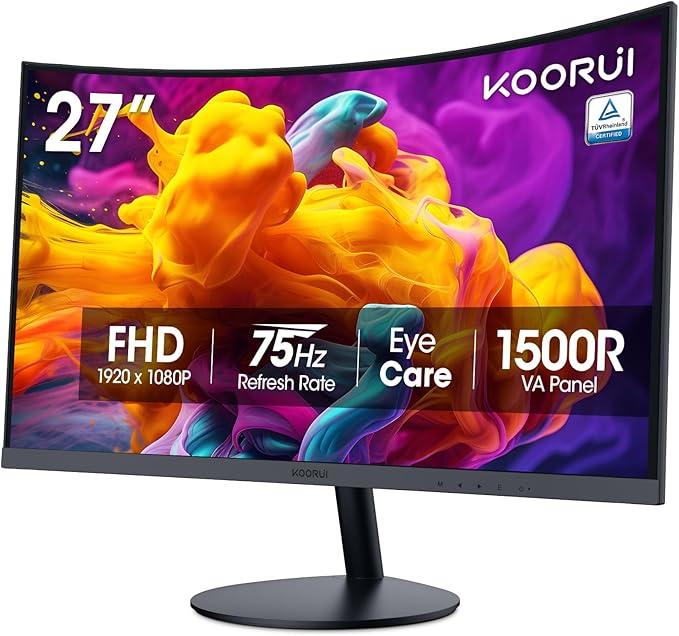 KOORUI 27 Inch Curved Monitor FHD 1080P 75Hz Computer Monitors, 1500R PC Screen with HDMI VGA, TÜV Rheinland Certified, Tilt Adjustable,1500R, Eye Care, Black, 27N5CA