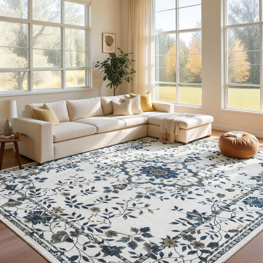 UKISS Washable Rugs 8'x10' Area Rugs for Living Room ，Ultra Silky Floral Rug for Bedroom, Vintage Indoor Floor Large Area Rug，Non Slip Low Pile Carpets for Home Office Blue