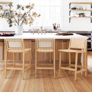 LUE BONA Counter Height Bar Stools 24inch, Set of 2 Faux Leather Woven Counter Stool with Backs, Woven Strips Rattan Barstools with Wood Legs for Dining Room Home Kitchen, Deep Beige