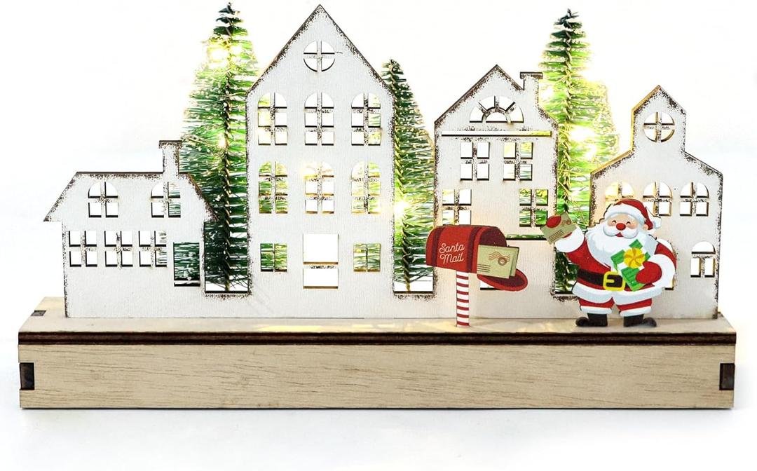 DIYASY Christmas Tabletop LED Lighted Decorations, Wooden Table Centerpiece Decor Rustic Farmhouse Signs Xmas Tree Dcor Winter Holiday Block Holiday Indoor Outdoor Room Party