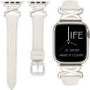 Leather Bands Women Compatible with Apple Watch 40mm 38mm 44mm 45mm 41mm 42mm 46mm 49mm Dressy Slim Strap With Designer X-Shaped Metal Crown for iWatch Series Ultra/SE/10/9/8/7/6/5/4/3/2/1 Starlight