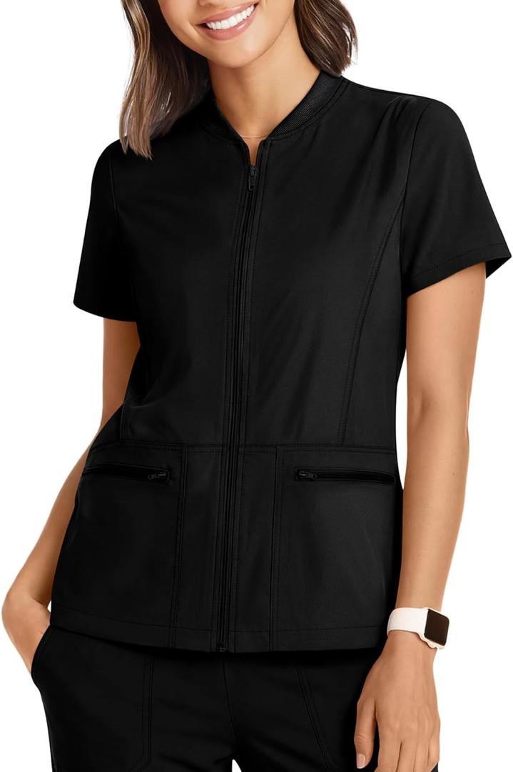 Oakgarden Women's Scrub Top Full Zip up Short Sleeve Nurse Shirts with 2 Zipper Pockets Jackets Lightweight Medical Uniform (Black)