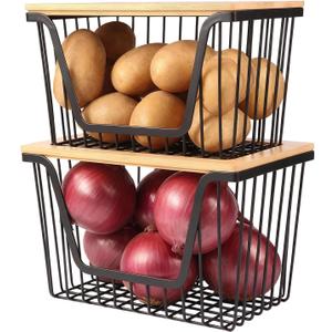 2 Pack Onion and Potato Storage Bins, Stackable Pantry Organizers Storage, Large Wire Storage Basket for Onion, Potato, Fruit, Vegetables