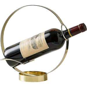 Modern Single Wine Bottle Display Stand, Gold Circle Design with Woven Base, Decorative Holder