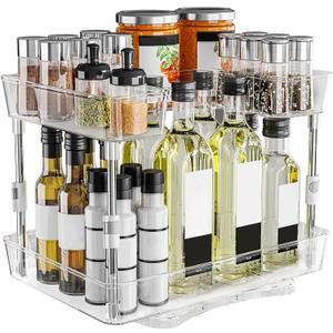 360 Rotating Lazy Susan Turntable Organizer Spice Rack, 2 Tier Height Adjustable Rotating Spice Organization for Cabinet, Seasoning Organizer for Countertop, Pantry