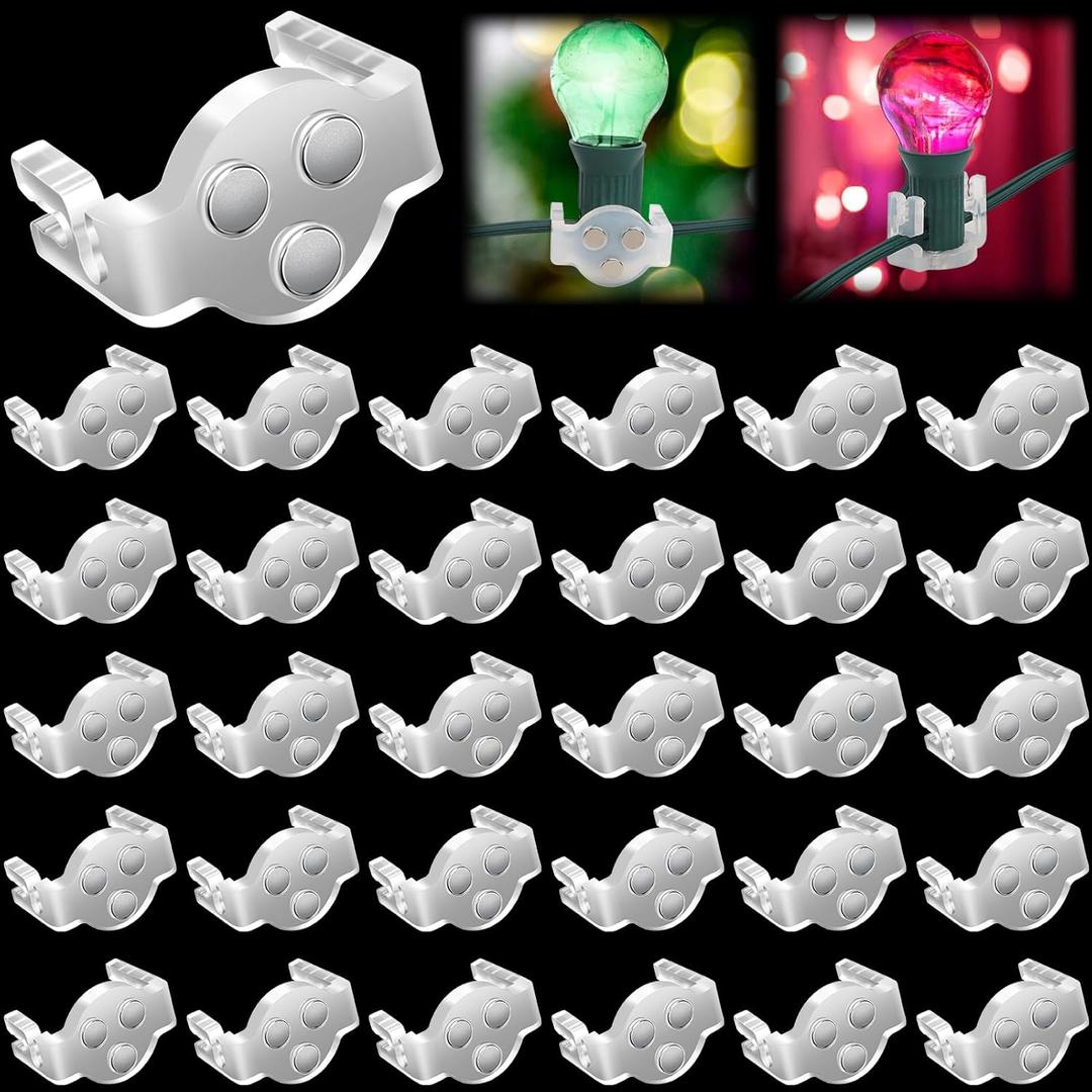32PCS Magnetic Christmas Light Clips Compatible with C7 C9 Sockets,Magnetic Holiday Lighting Sockets Hang Hooks Gutter Shingle Light Clips for Xmas Decor String Lights Metal Roof Fence (3 Small Round)