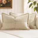 MIULEE Decorative Lumbar Throw Pillow Covers for Couch Bed Livingroom 12x20 Inch Set of 2 Cream Boho Accent Throw Pillows Broadside Striped Patchwork Soft Corduroy Pillowcases
