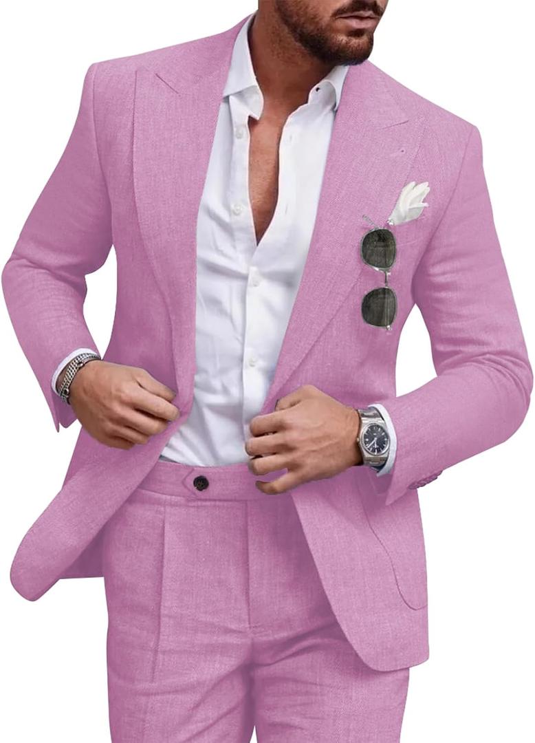 UNINUKOO Linen Suit for Men Summer Wedding 2 Piece Suit Set Peak Lapel Casual Blazer Pants Beach Wear for Men (X-Large, Lavender)