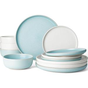 Famiware Milkyway Plates and Bowls Sets, 12 Pieces Dinnerware Sets, Reactive Glaze Dish Set, Stoneware Dishes Set for 4, Matte Beige White & Light Blue