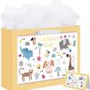 woric 14.5" Baby Gift Bag for Baby Shower with Tissue Paper and Greeting Cards for Boys Girls Birthday Party(Cute Animals)