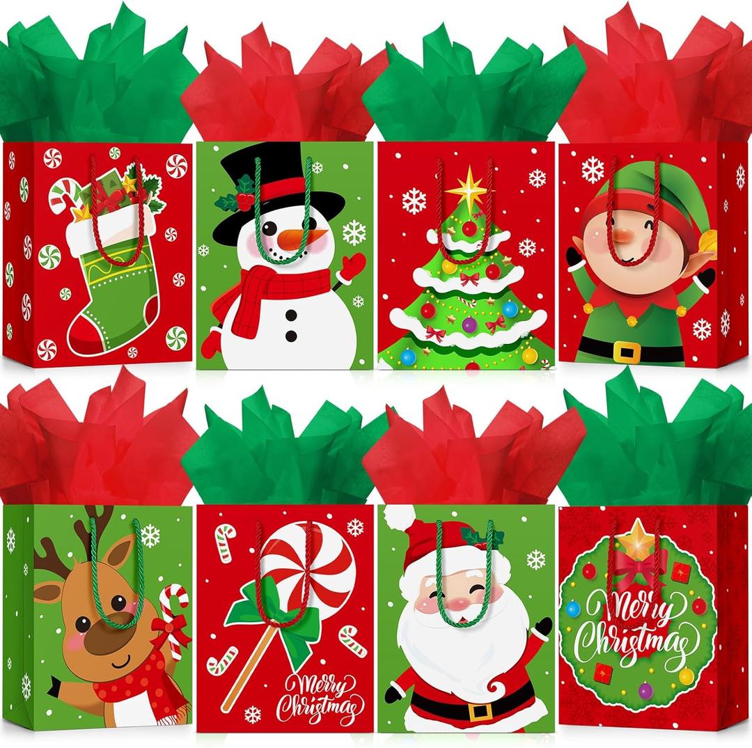 Cholemy 16 Pcs Medium Thick Christmas Gift Bags with Tissue Paper Christmas Kraft Paper Goodie Bags with Handles for Xmas Gift Wrapping Holiday Party Supplies 10 x 8 x 4.4 Inch(Lovely)
