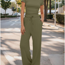 Women's 2 Piece Lounge Set Ruched Short Sleeve Tops High Waisted Wide Leg Pants Size M