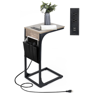C Shaped End Table with Charging Station, Couch Side Table with Storage Pocket, Slide Under Couch Sofa Table Tray, Greige