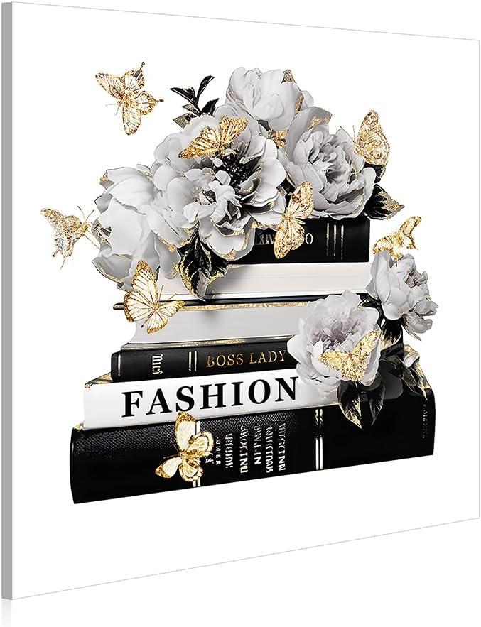 Dream Land Fashion Books Flower Wall Art: Black White Book Stack Picture 12"x12" Glam Gold Foils Butterfly Canvas Prints