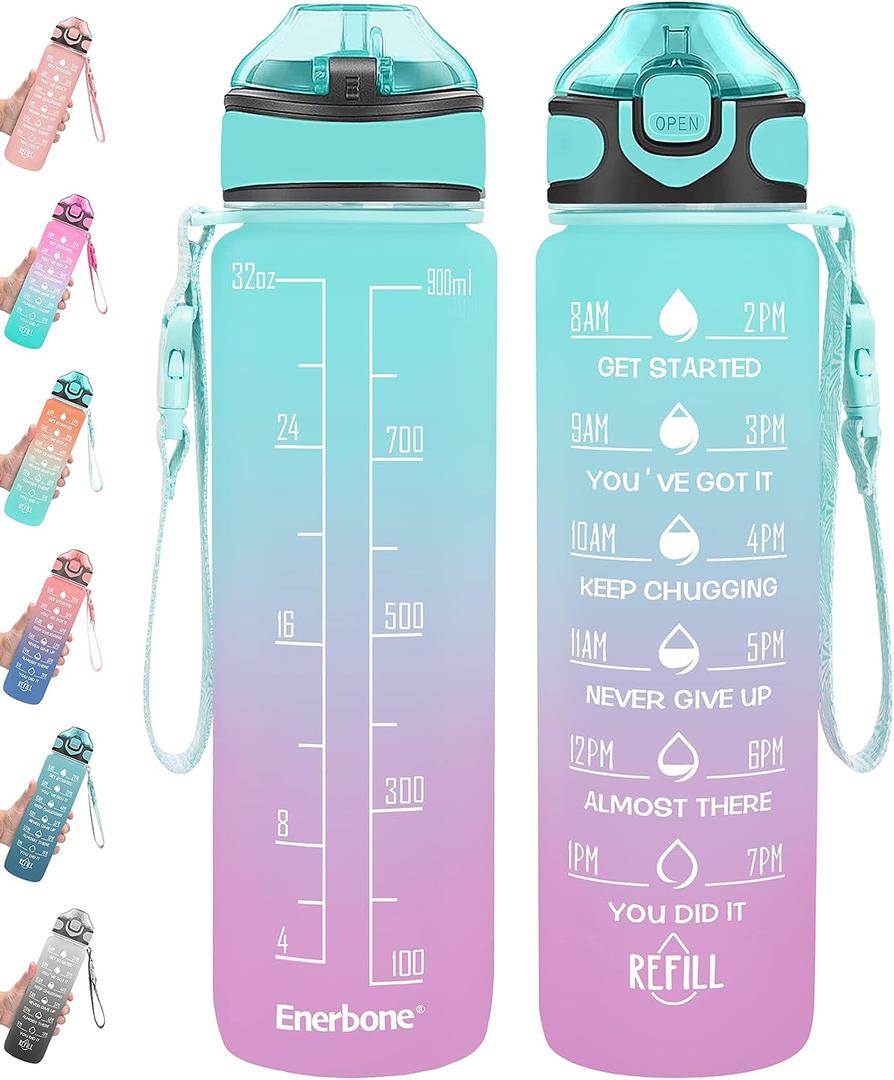 Enerbone 32 oz Drinking Water Bottle with Times to Drink and Straw, Motivational with Carrying Strap, Leakproof BPA & Toxic Free, Ensure You Drink Enough Water for Fitness Gym Outdoor (Green-Purple)