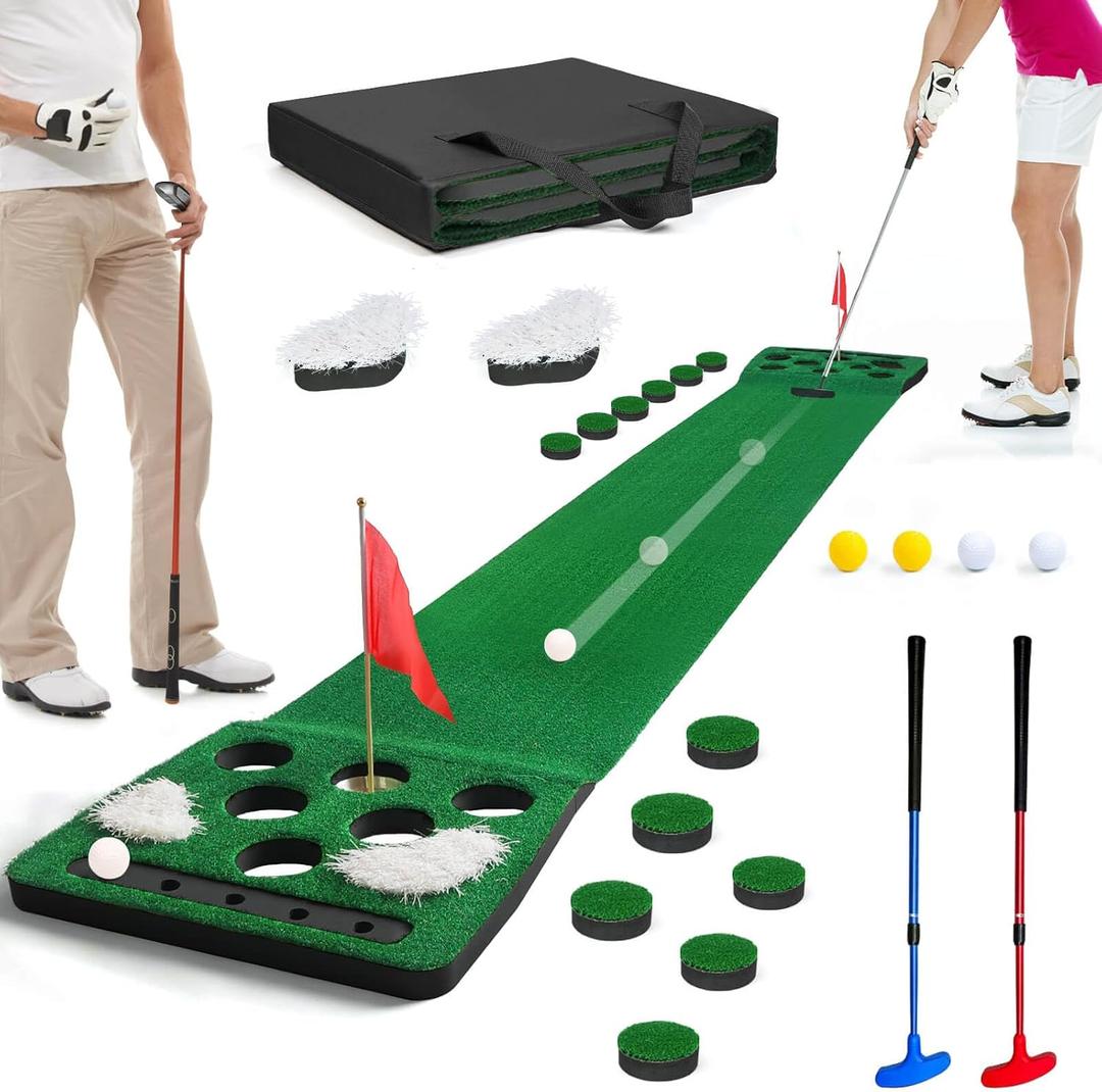 Golf Putting Game Set, Putting Green Mat with Detachable Bunkers, With 2 putter