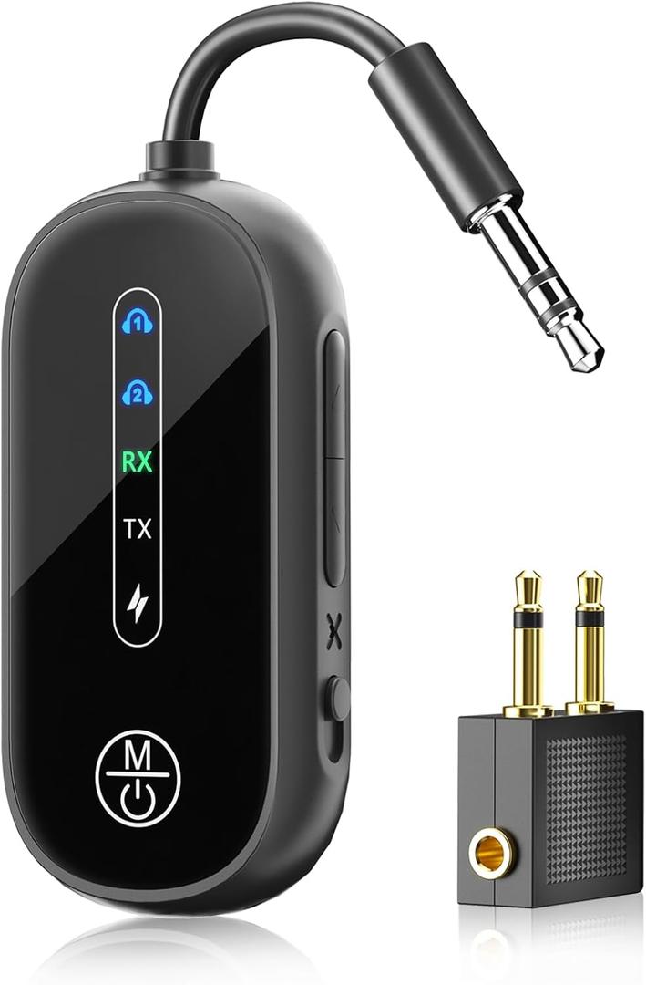Dual Link Airplane Bluetooth 5.4 Transmitter & Receiver 2-in-1 Bluetooth Adapter Airplane Travel Essentials Wireless Receiver 3.5MM AUX Jack Adapter on Flight/TV/Car Stereo/Gym