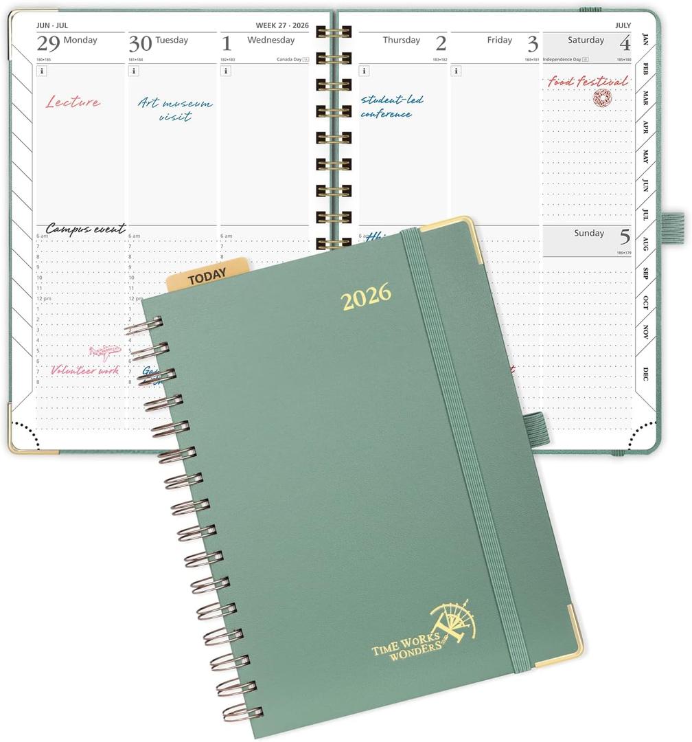 POPRUN 2026 Planner Daily Weekly and Monthly Calendar with Hourly Schedule(Medium Size 8.5'' x 6.25'' Wire-Bound Hard Cover) - Agenda 2026 (Jan.2026-Dec.2026), Monthly Tabs- Midnight Green