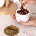 Salt and Pepper Bowl, Marble Salt Cellar and Spices Storage Container With Built-in Spoon and Acacia Wood Lid - 6.5oz Capacity (White)