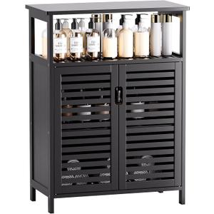 HITNET Bathroom Storage Cabinet, Bamboo Floor Cabinet with Double Doors and Open Shelf, Freestanding Cupboard for Living Room, Kitchen, Entryway, Black, Large