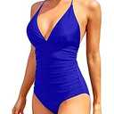 Holipick Royal Blue Women One Piece Swimsuits Tummy Control Bathing Suits Halter Swimwear Sexy V Neck Swim Suit M