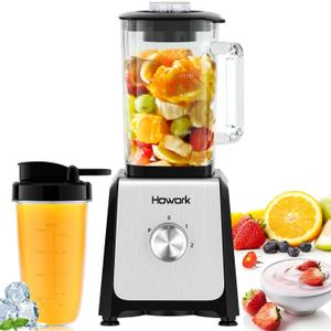 HOWORK Blender for Smoothies, 750W Personal Blender, 56 Oz Glass Jar, 16oz Portable Cups,2+p speed, 3 Functions for Smoothies, Frozen Drinks & Ice Cream,Black