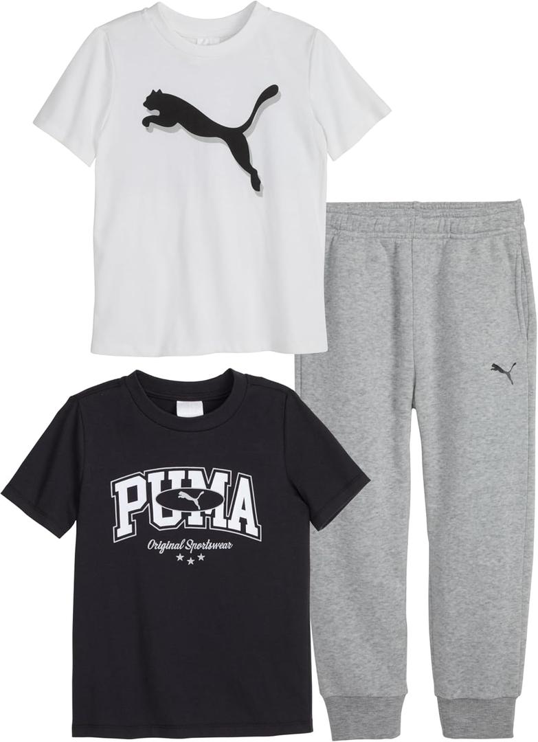 PUMA boys 3 Piece Set, Short Sleeve Cotton Jersey T-shirts & Matching Tricot Pant 4T