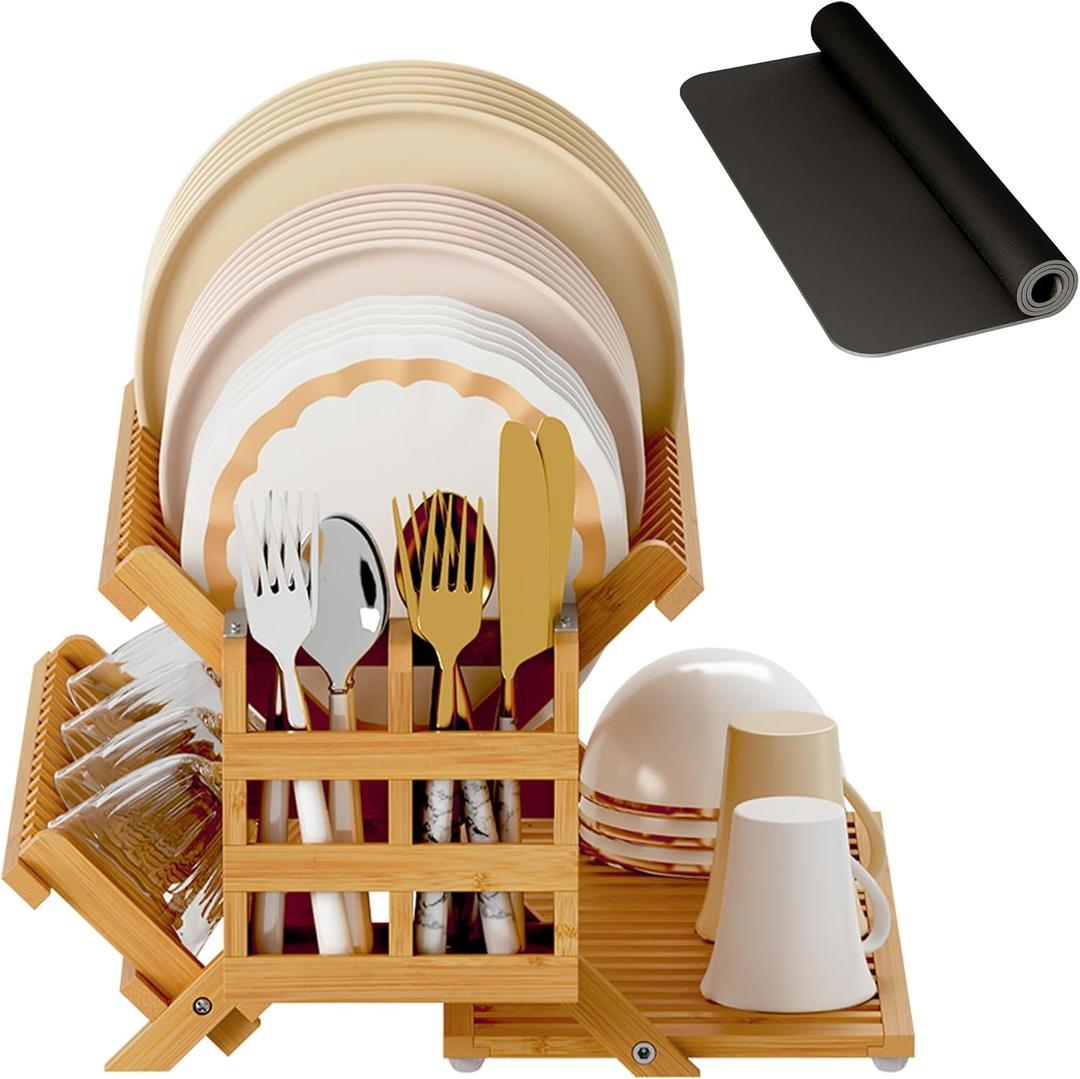 Greenual Bamboo Dish Drying Rack with Utensil Holder, 3 Tier Collapsible Dish Rack, Wooden Dish Racks for Kitchen Counter, Large Folding Drying Holder with Absorbent Dish Drying Mat (Natural)