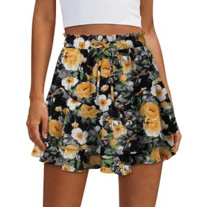 BETTE BOUTIK Women Flowy Tennis Skorts Chiffon Summer Boho Casual Dressy Floral Comfy Cute Mini Skirts Loose Ruffle Western Going Out Chic Shorts Black Yellow Flower M