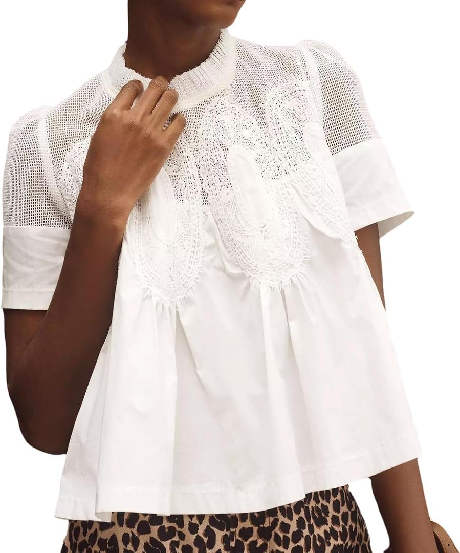 Womens Lace Flared Short Sleeve Blouse Lace Poplin Ruffle Mesh Crew Neck Swing Babydoll Tops Elegant Loose Shirts (S)