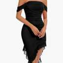 BeryLove Women’s Sexy Off Shoulder Mesh Midi Wedding Guest Dresses Ruched Bodycon Ruffled Cocktail Dress, XL