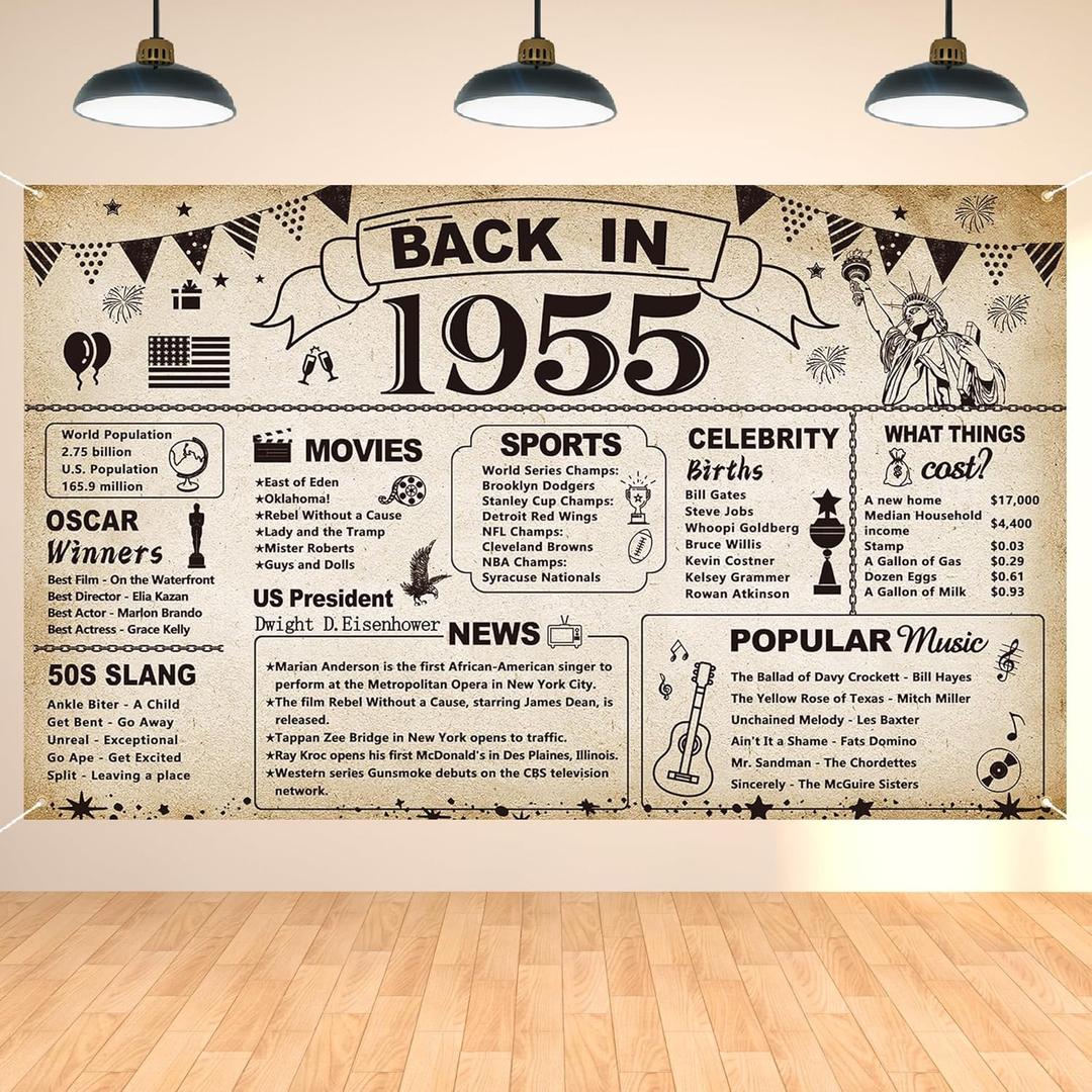 DARUNAXY 70th Birthday Party Decorations, Vintage Back in 1955 Banner 70 Year Old Birthday Party Poster Supplies Vintage 1955 Backdrop Photography Background for Men & Women 70th Class Reunion Decor