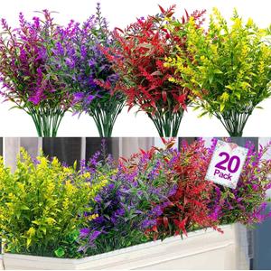 20 Bundles Artificial Lavender Flowers for Outdoors Summer Decor, UV Resistant Fake Flowers Plastic Faux Plants Wedding Kitchen Office Table Centerpieces Home Porch Yards Cemetery Decor(Mix Colors)