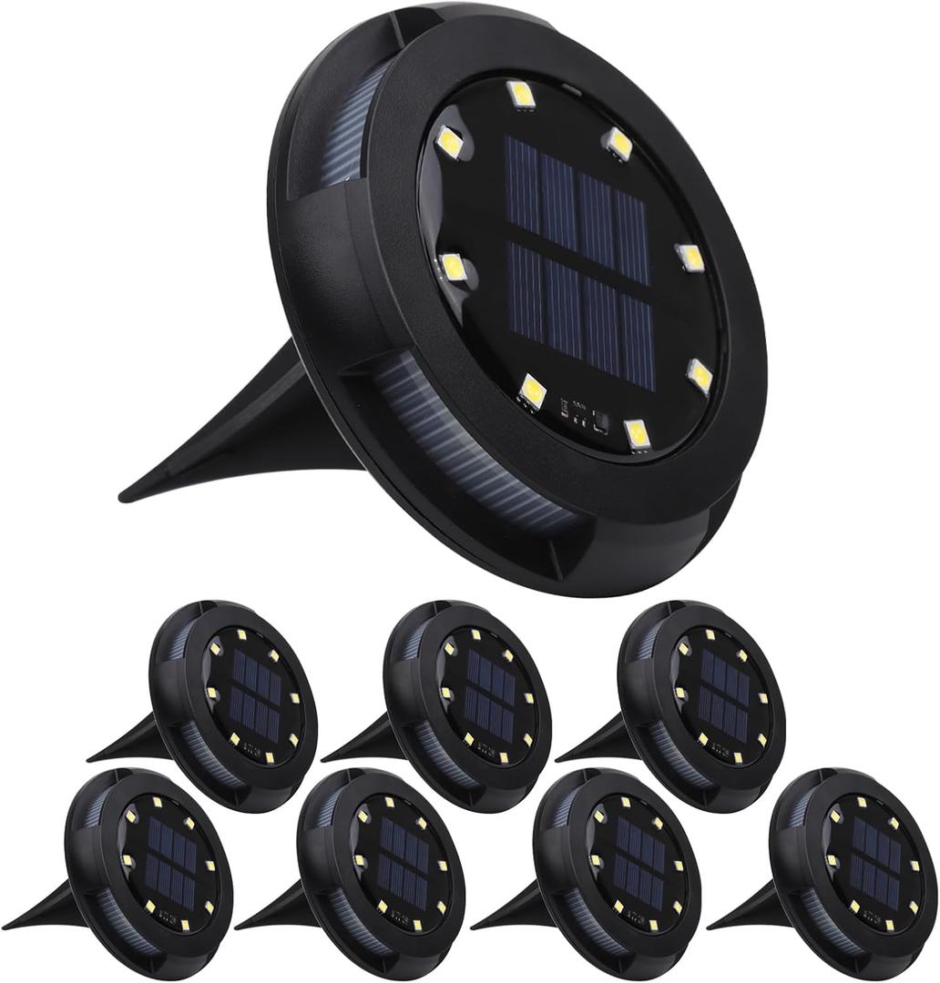 Solar Underground Outdoor Lights IP65 Waterproof, Rechargeable 500mAh NI-MH Battery LED Landscape Lighting, 0.2W Solar Panel Black Garden Path Lights for Yard(Warm Light, 8 Pack)