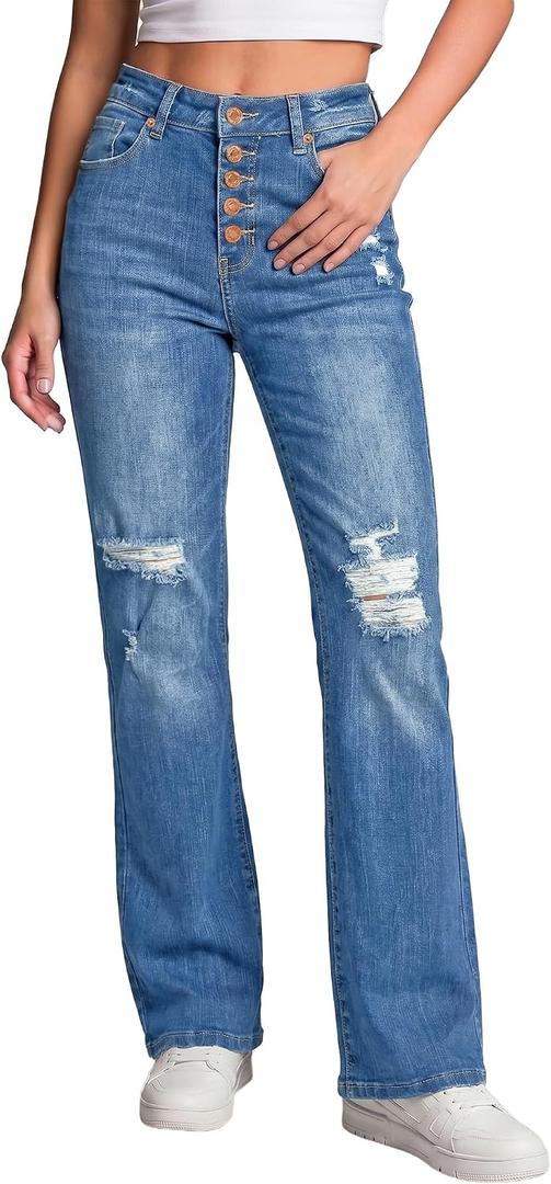 LookbookStore High Waisted Ripped Flare Jeans for Women Distressed Bell Bottom Jeans Wide Leg Pants XS