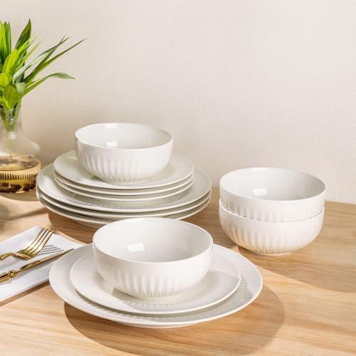 LERATIO Ceramic Dinnerware Sets,Handcraft Embossed Stoneware Plates and Bowls Sets,Highly Chip and Crack Resistant | Dishwasher & Microwave & Oven Safe Dishes set,Service for 4 (12pc) 