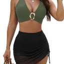 BMJL Women's High Waisted Bikini Sets Retro Swim Skirt Tummy Control Swimsuits Mesh Sarong Wraps Bathing Suits 2025 (Large, Green and Black)