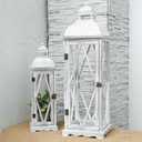 Farmhouse Wooden Lantern Set, 2-Piece Rustic Candle Lanterns, Vintage Large 9 x 9 x 29 & Small 6.3 x 6.3 x 20.4 Lanterns for Indoor & Outdoor Decor, Decorative Lanterns Without Glass Panels