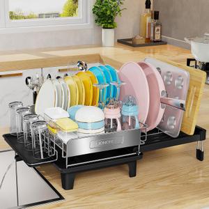Expandable Dish Drying Rack, Dish Racks for Kitchen Counter, Stainless Steel 304, Flip-Top Retractable Plate, Multi-Directional Adjustable Dish Rack, Space Saving Large Drying Rack Kitchen, Black