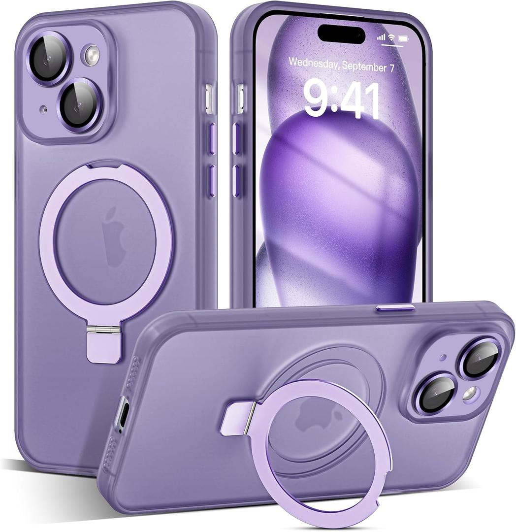 Designed for iPhone 15 Case with Magnetic Invisible Ring Stand[Military Drop&Full Camera Lens Protection][Compatible with Mag-Safe] Matte Translucent Slim Phone Case for iPhone 15 6.1"Purple