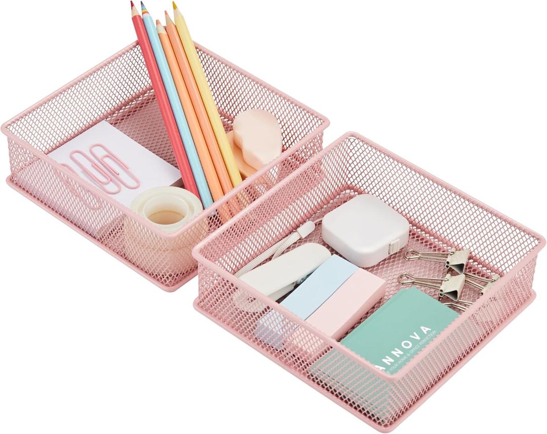 Annova Mesh Stackable Drawer Cabinet and Shelf Organizer Bins Storage Basket School Office Supply Holder Tray- Set of 2 (Light Pink, 6x6x2 Inch)