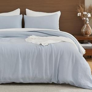 EMME Muslin Cotton Duvet Cover Set Blue Queen Size Linen Like Soft Breathable Lightweight Summer Comforter Cover Set with Zipper Closure (Blue, Queen, 90"x90")