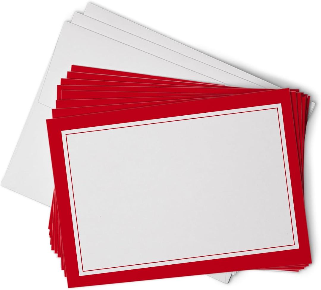 Hill Valley Greetings Classic Red Border Note Cards - 48 Folding Greeting Cards with Envelopes - Blank Inside