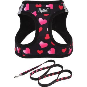 PUPTECK Dog Harness and Leash Set for Large Dogs No Pull Step-in Soft Mesh Puppy Cat Vest Valentine Harnesses Reflective at Night, Black&Pink Heart, L