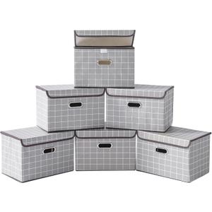 STOREONE Fabric Storage Cube Bins Foldable Organizer Container Collapsible Basket with Lids and Metal Handles, for Home, Bedroom, Closet 6 Pcs (Grey grid)