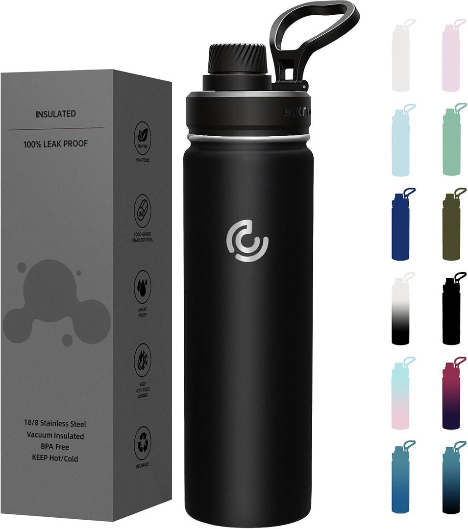 Sports Water Bottle 22oz, Insulated Water Bottle with Handle,Stainless Steel,Simple Modern,Suitable for Travel, School, Boy, Girl(Black)
